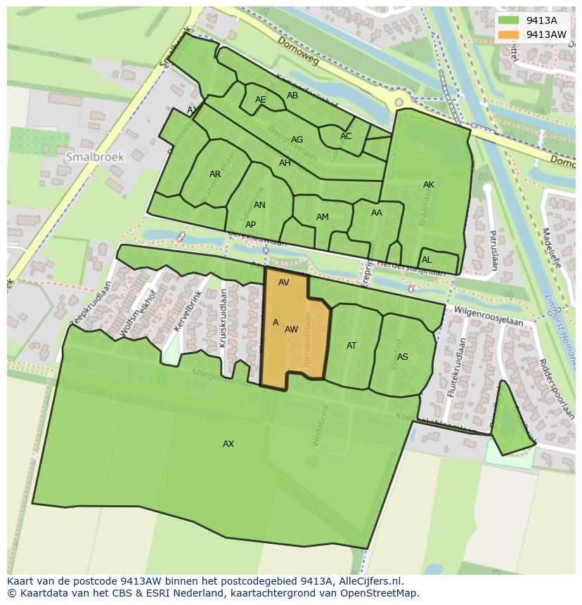 Afbeelding van het postcodegebied 9413 AW op de kaart.