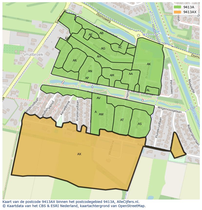 Afbeelding van het postcodegebied 9413 AX op de kaart.