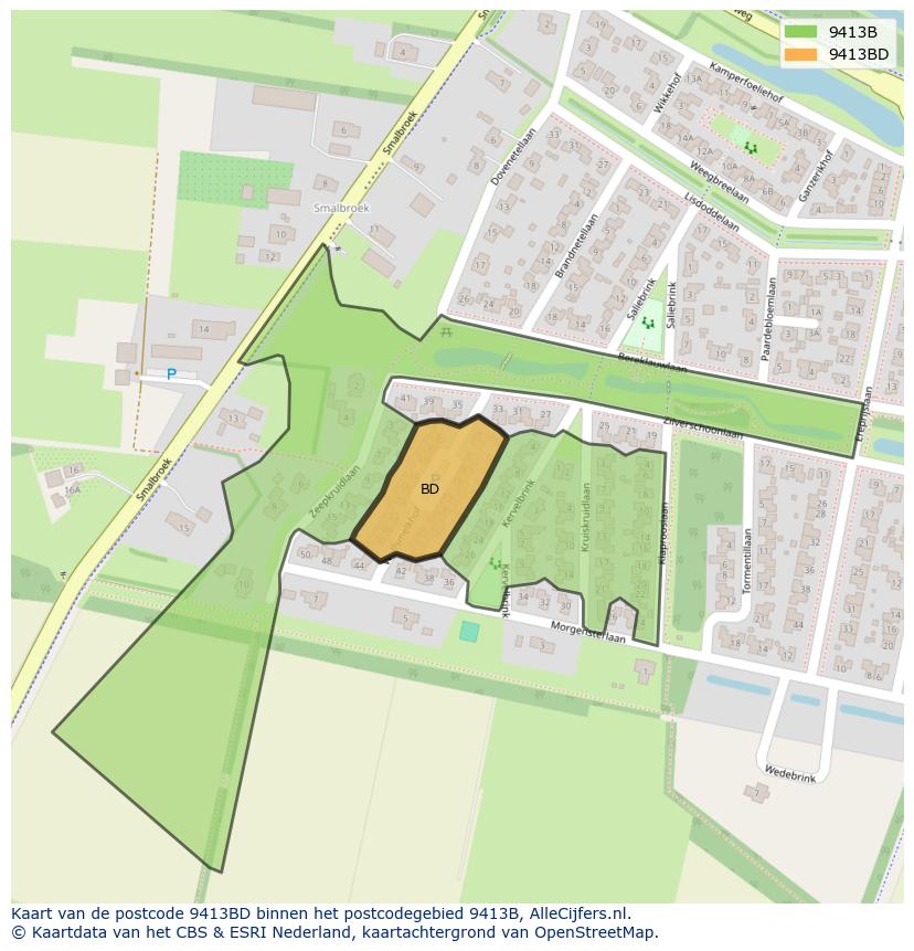 Afbeelding van het postcodegebied 9413 BD op de kaart.