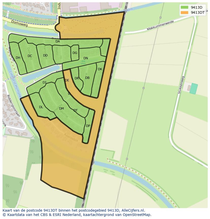 Afbeelding van het postcodegebied 9413 DT op de kaart.