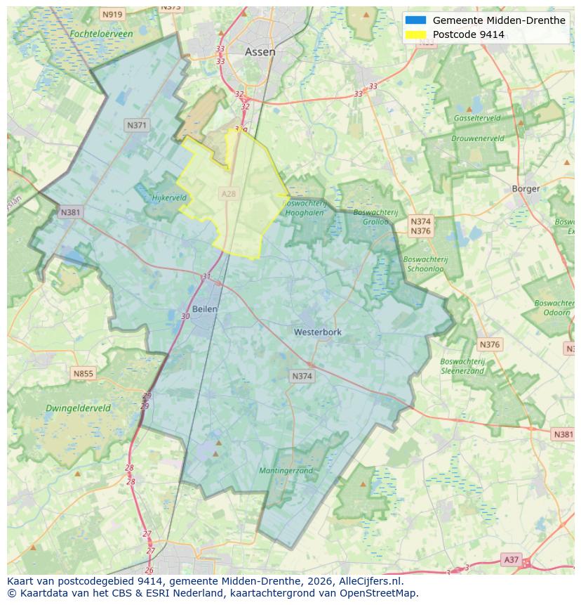 Afbeelding van het postcodegebied 9414 op de kaart.