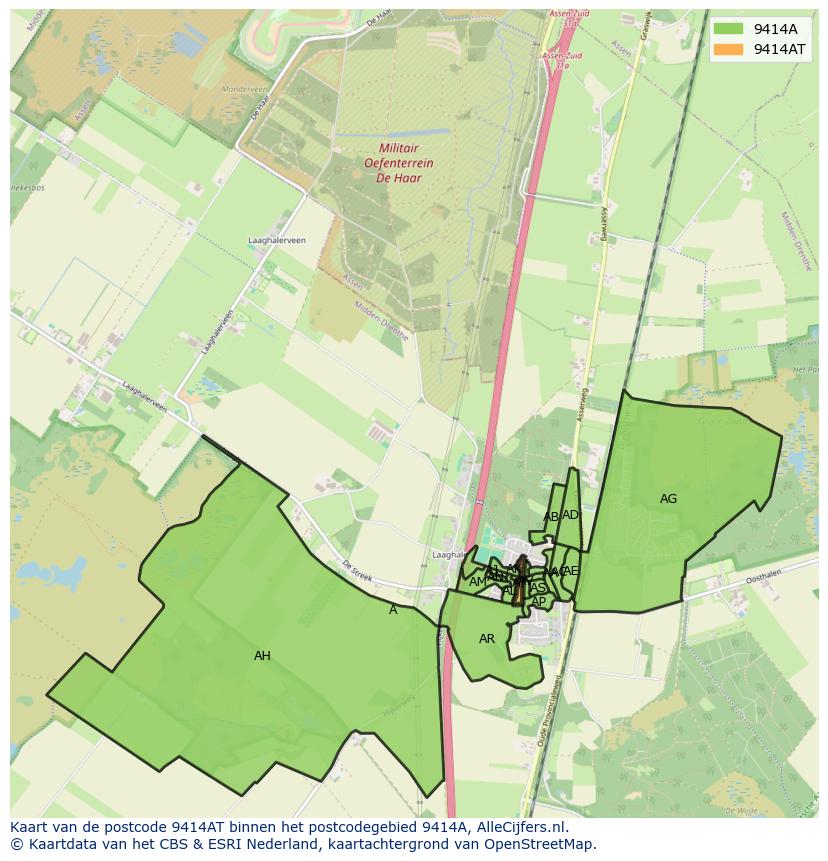 Afbeelding van het postcodegebied 9414 AT op de kaart.