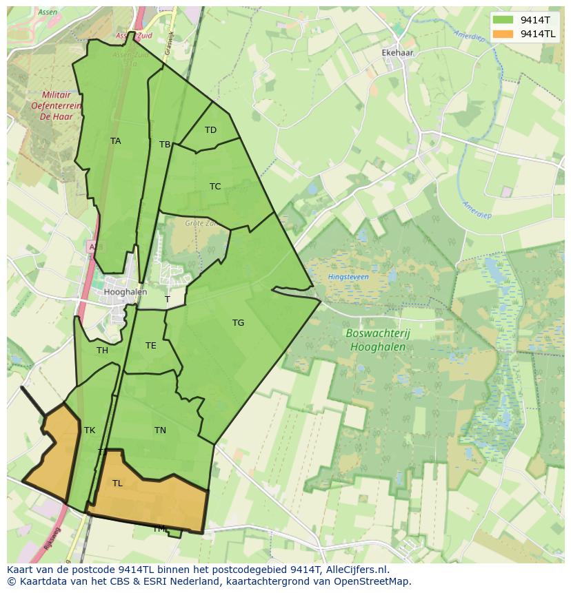 Afbeelding van het postcodegebied 9414 TL op de kaart.