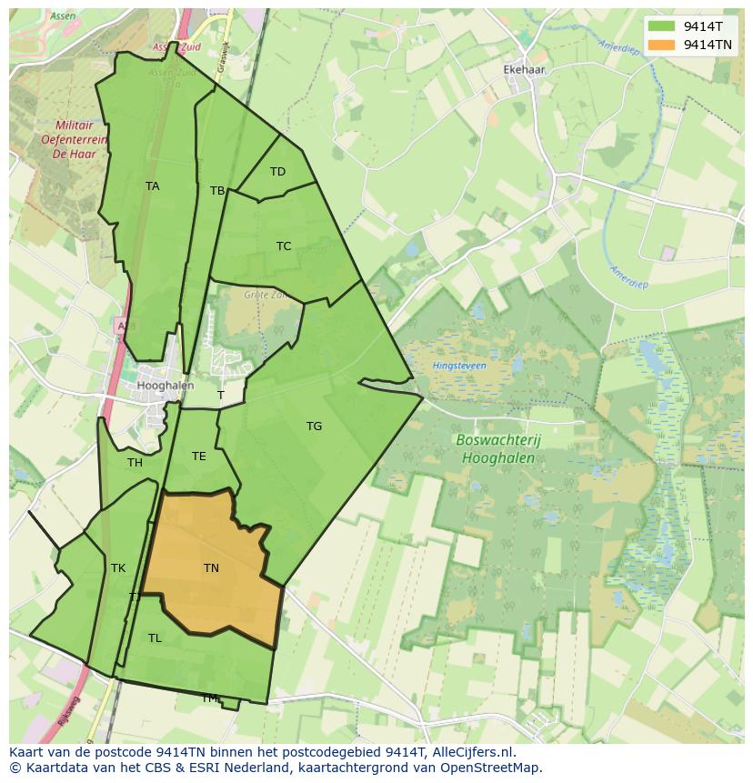 Afbeelding van het postcodegebied 9414 TN op de kaart.