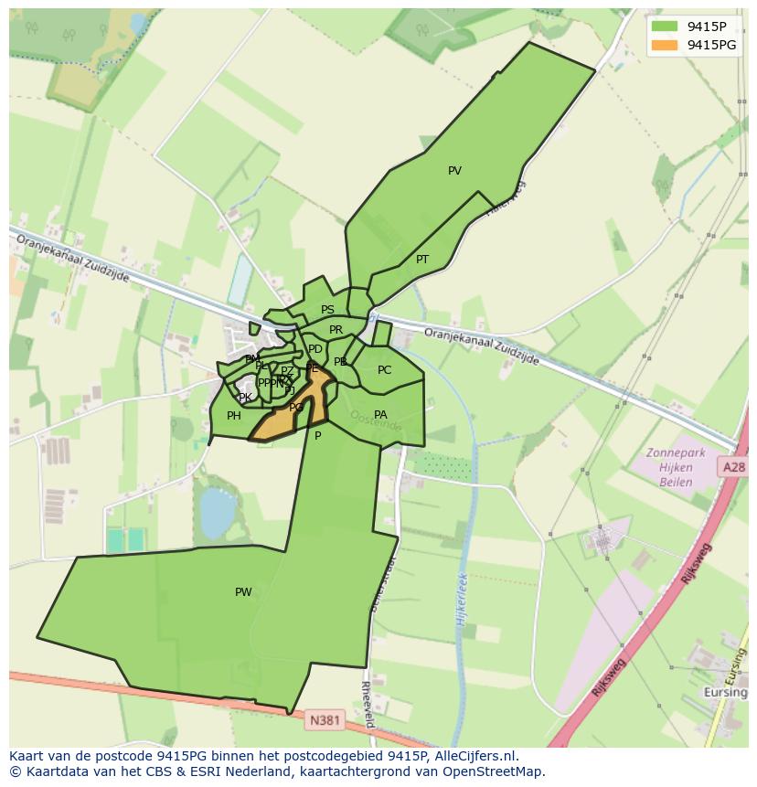 Afbeelding van het postcodegebied 9415 PG op de kaart.