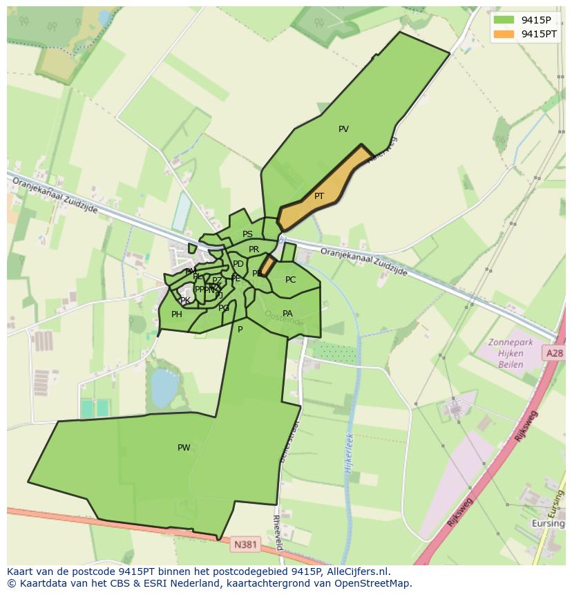 Afbeelding van het postcodegebied 9415 PT op de kaart.