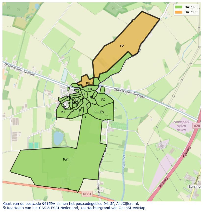 Afbeelding van het postcodegebied 9415 PV op de kaart.