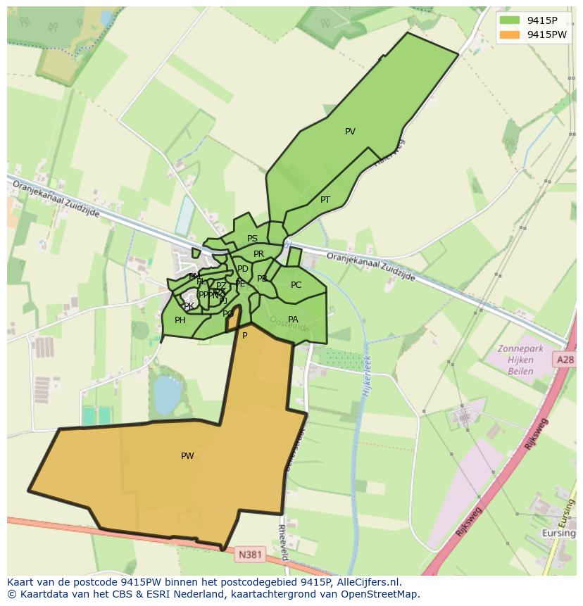 Afbeelding van het postcodegebied 9415 PW op de kaart.