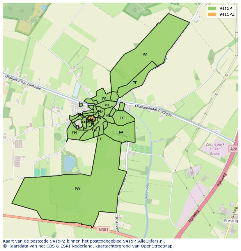 Afbeelding van het postcodegebied 9415 PZ op de kaart.