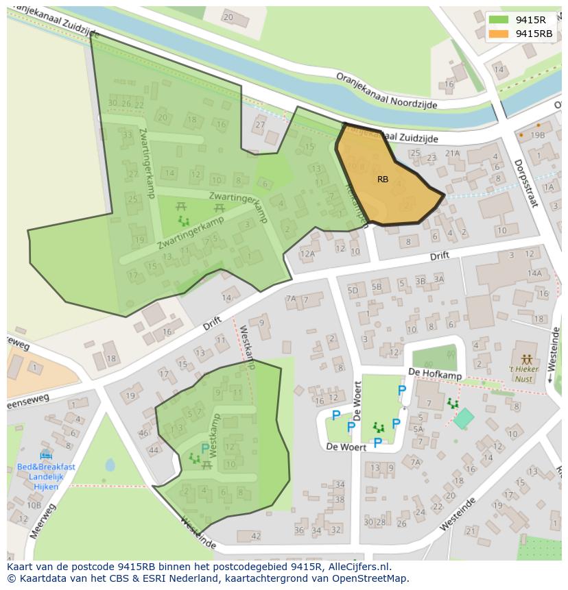 Afbeelding van het postcodegebied 9415 RB op de kaart.