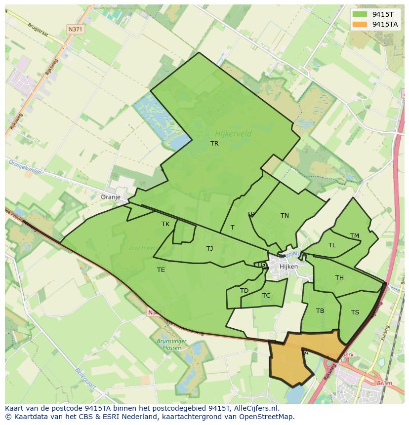 Afbeelding van het postcodegebied 9415 TA op de kaart.