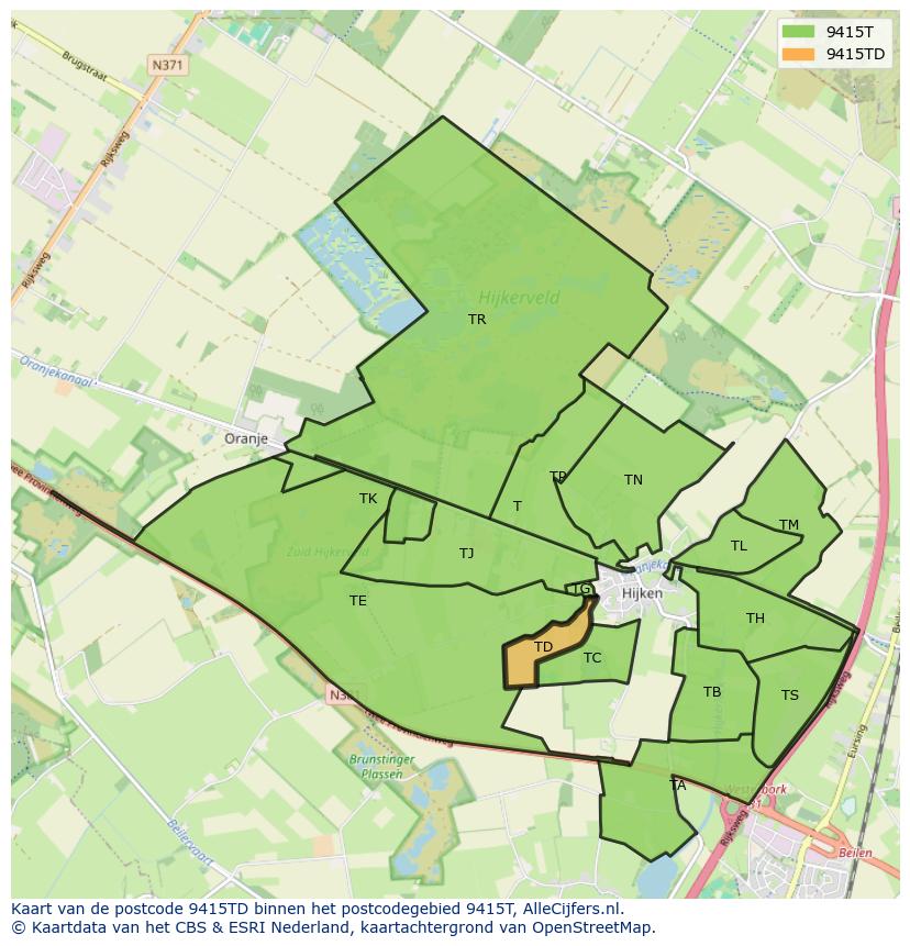Afbeelding van het postcodegebied 9415 TD op de kaart.