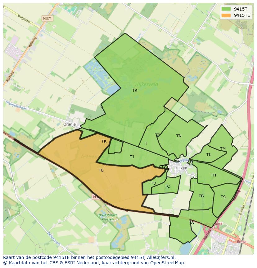 Afbeelding van het postcodegebied 9415 TE op de kaart.