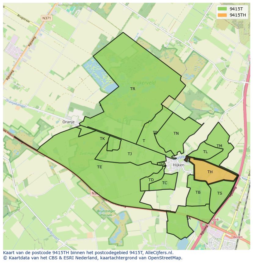 Afbeelding van het postcodegebied 9415 TH op de kaart.