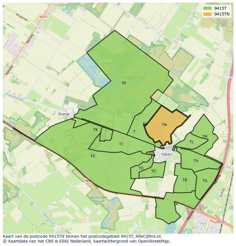Afbeelding van het postcodegebied 9415 TN op de kaart.