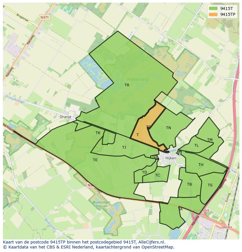 Afbeelding van het postcodegebied 9415 TP op de kaart.