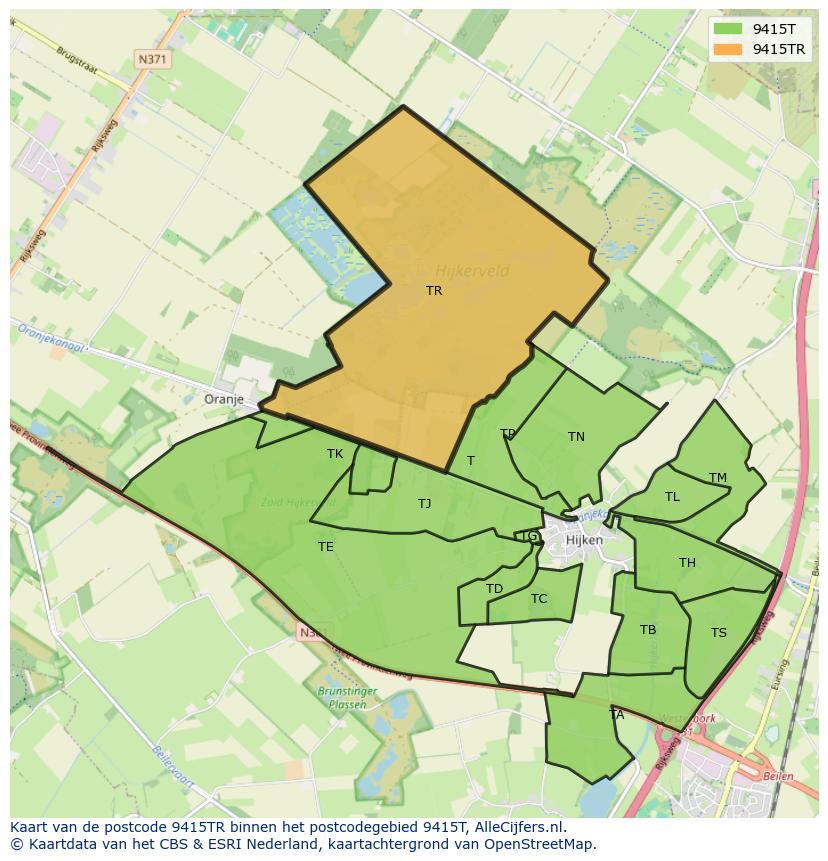 Afbeelding van het postcodegebied 9415 TR op de kaart.