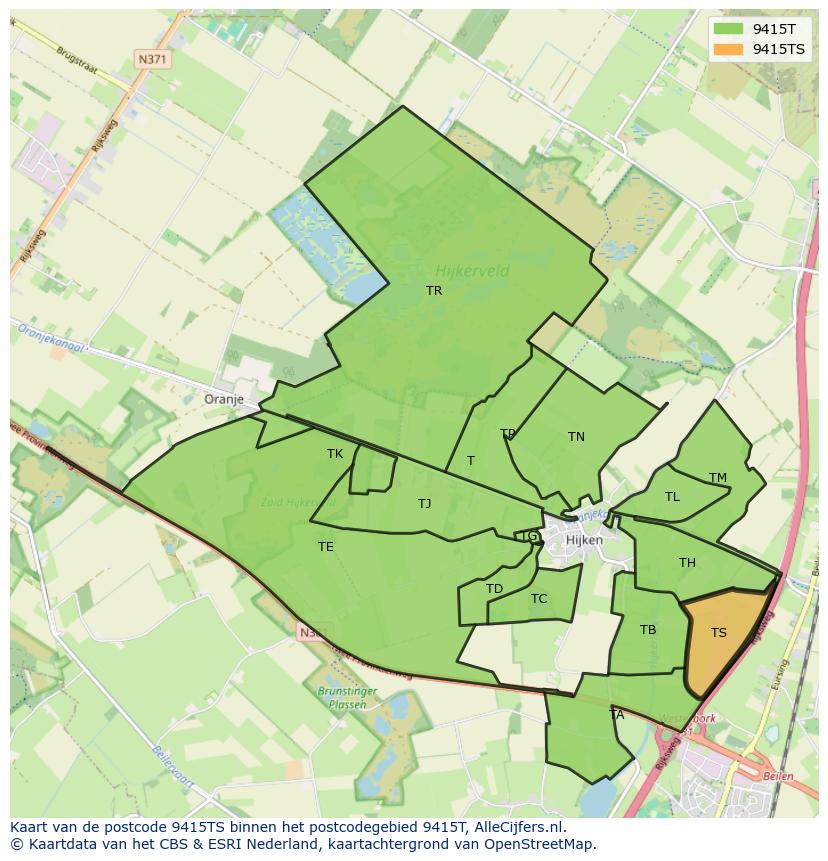 Afbeelding van het postcodegebied 9415 TS op de kaart.