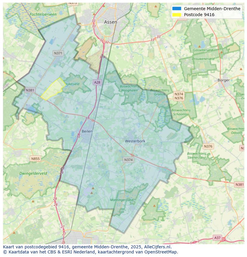 Afbeelding van het postcodegebied 9416 op de kaart.