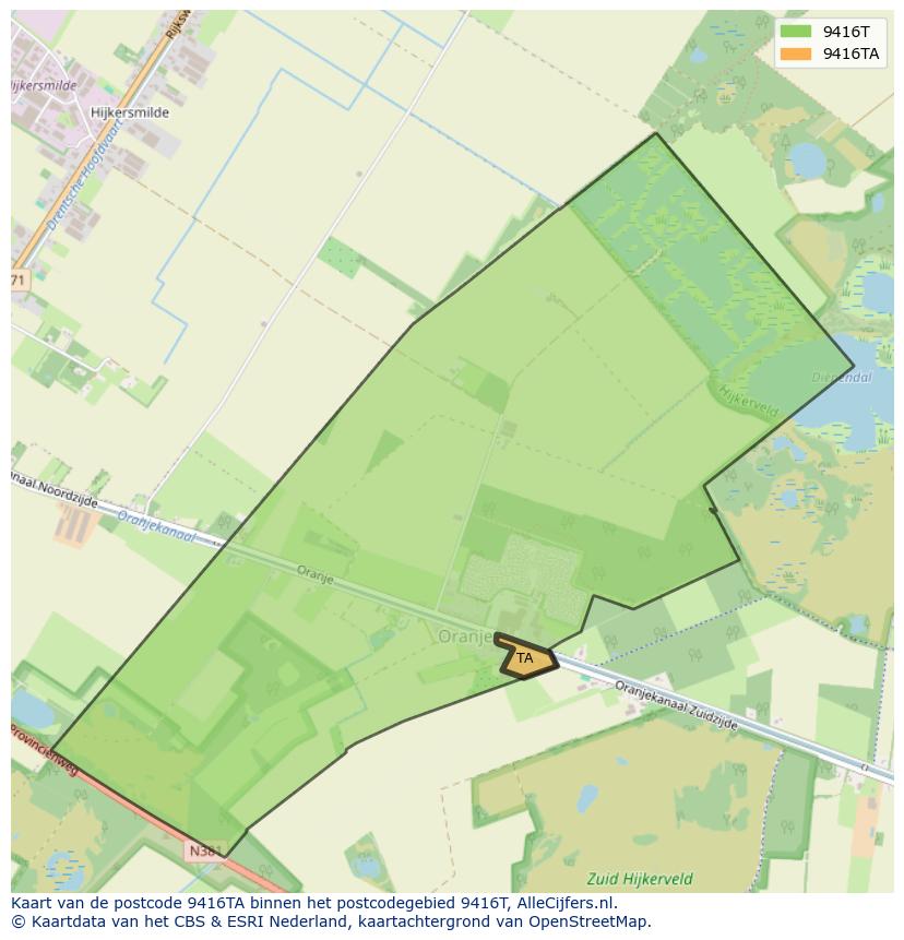 Afbeelding van het postcodegebied 9416 TA op de kaart.