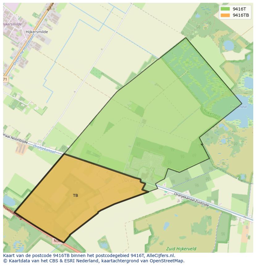 Afbeelding van het postcodegebied 9416 TB op de kaart.