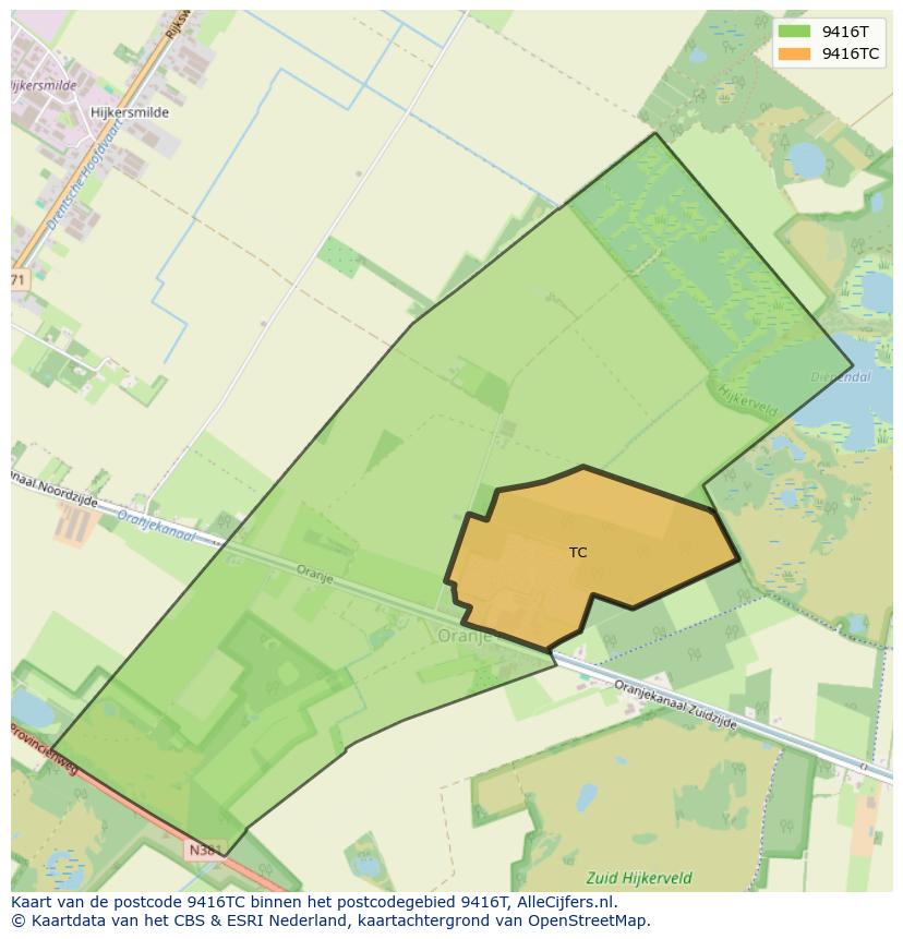 Afbeelding van het postcodegebied 9416 TC op de kaart.