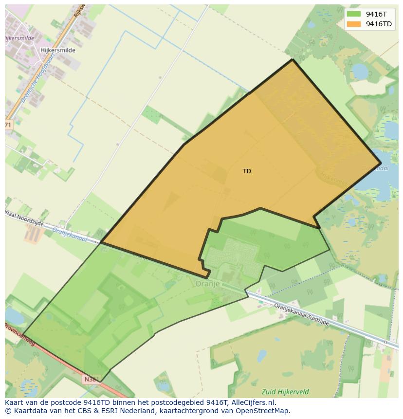 Afbeelding van het postcodegebied 9416 TD op de kaart.