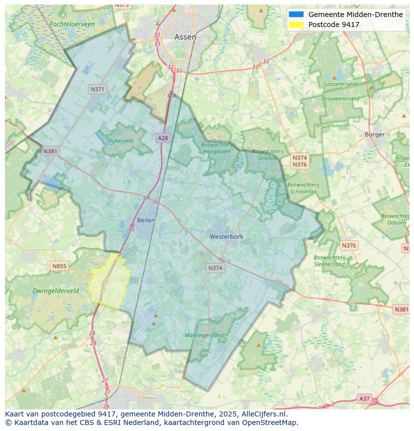 Afbeelding van het postcodegebied 9417 op de kaart.