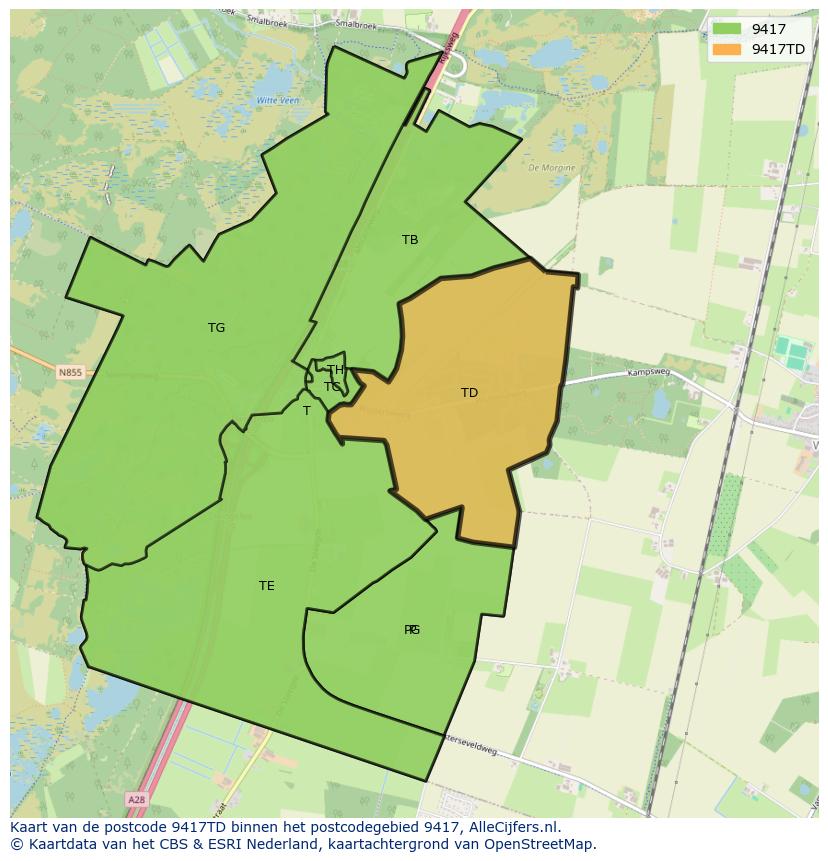 Afbeelding van het postcodegebied 9417 TD op de kaart.