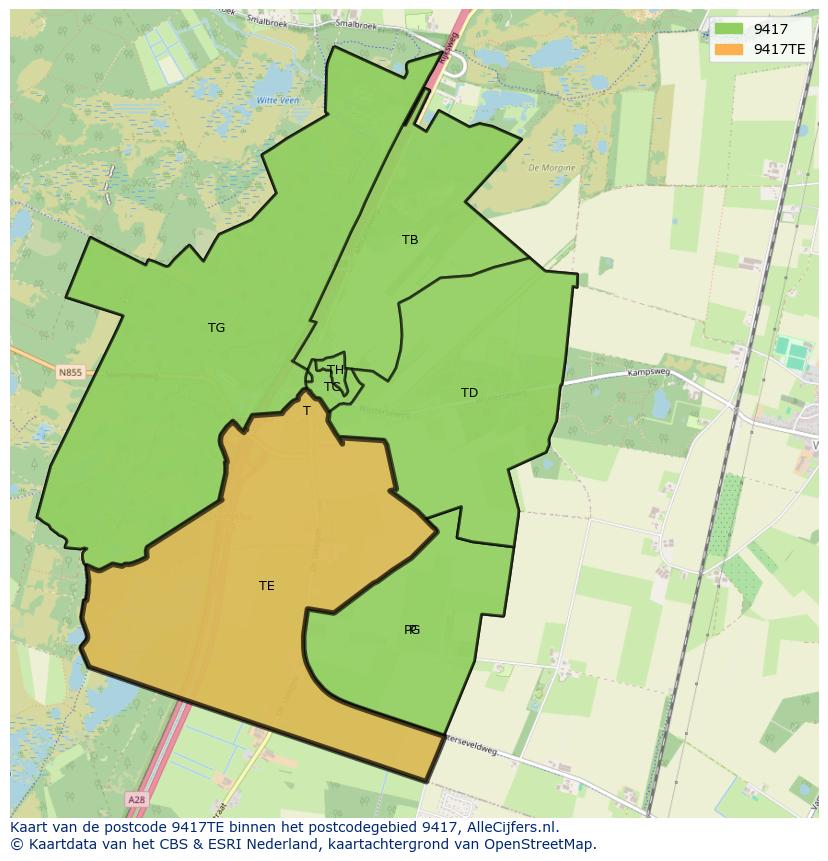 Afbeelding van het postcodegebied 9417 TE op de kaart.