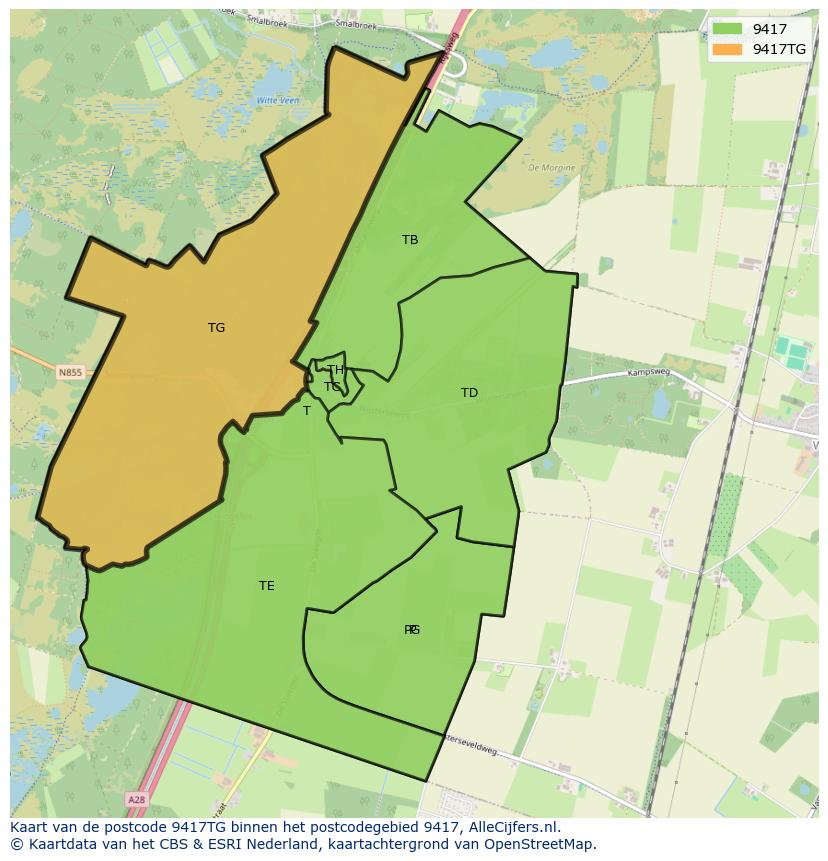 Afbeelding van het postcodegebied 9417 TG op de kaart.
