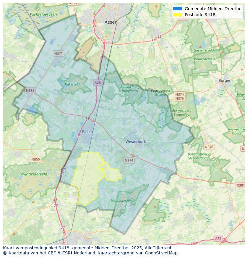 Afbeelding van het postcodegebied 9418 op de kaart.