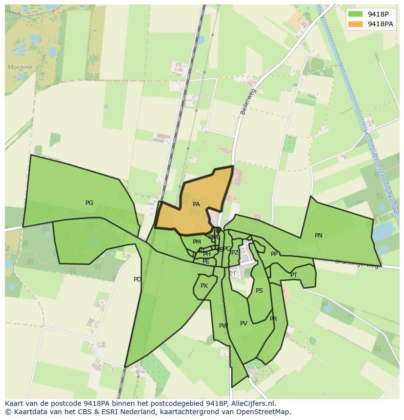 Afbeelding van het postcodegebied 9418 PA op de kaart.