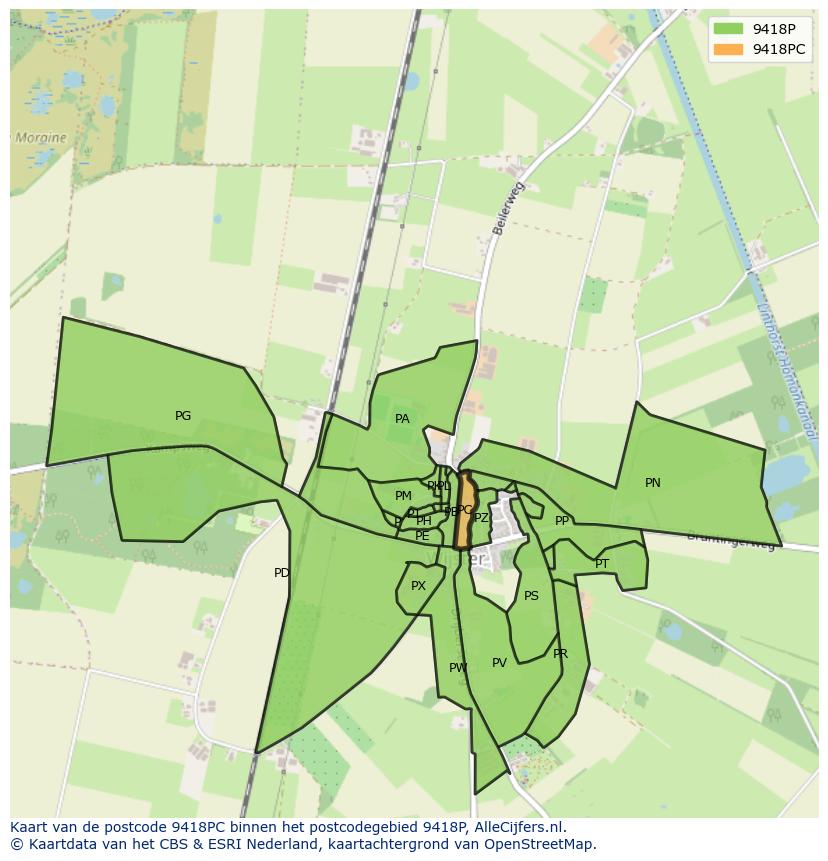 Afbeelding van het postcodegebied 9418 PC op de kaart.
