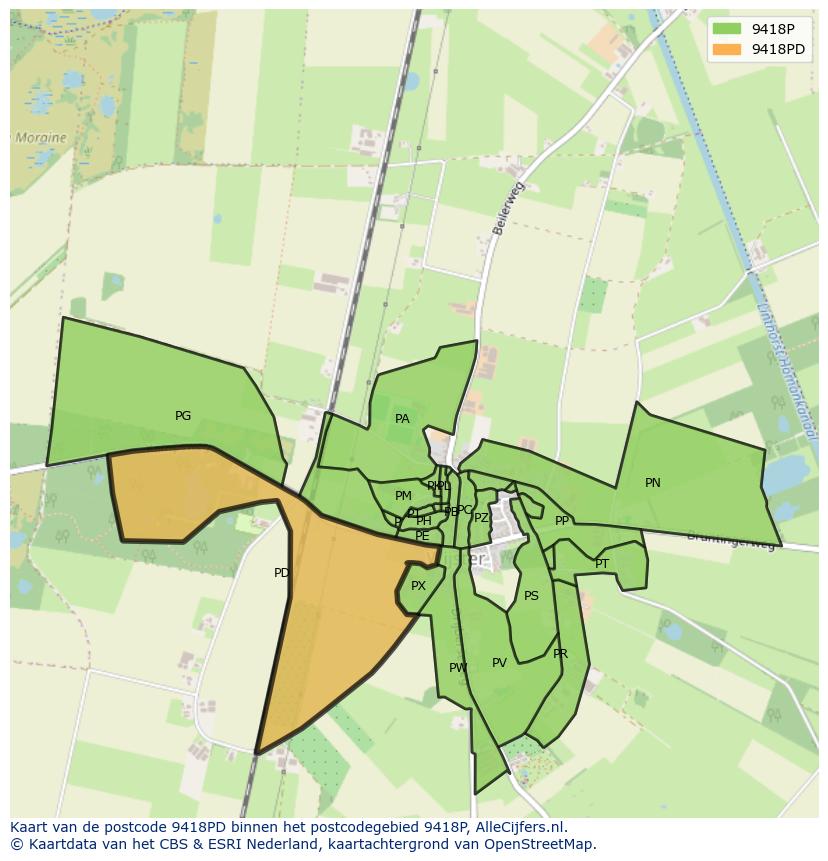 Afbeelding van het postcodegebied 9418 PD op de kaart.