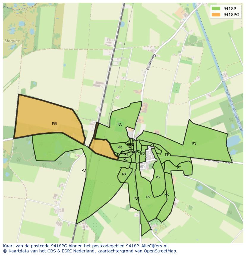 Afbeelding van het postcodegebied 9418 PG op de kaart.