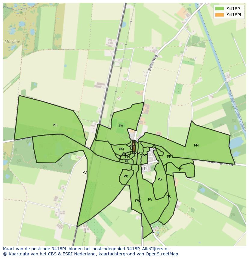 Afbeelding van het postcodegebied 9418 PL op de kaart.
