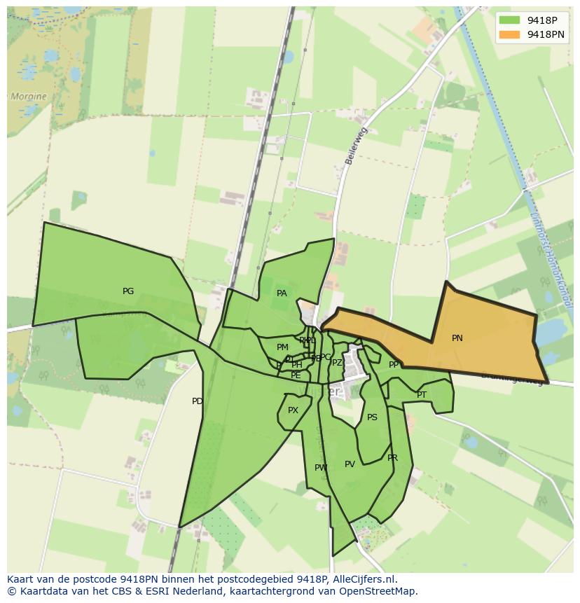 Afbeelding van het postcodegebied 9418 PN op de kaart.