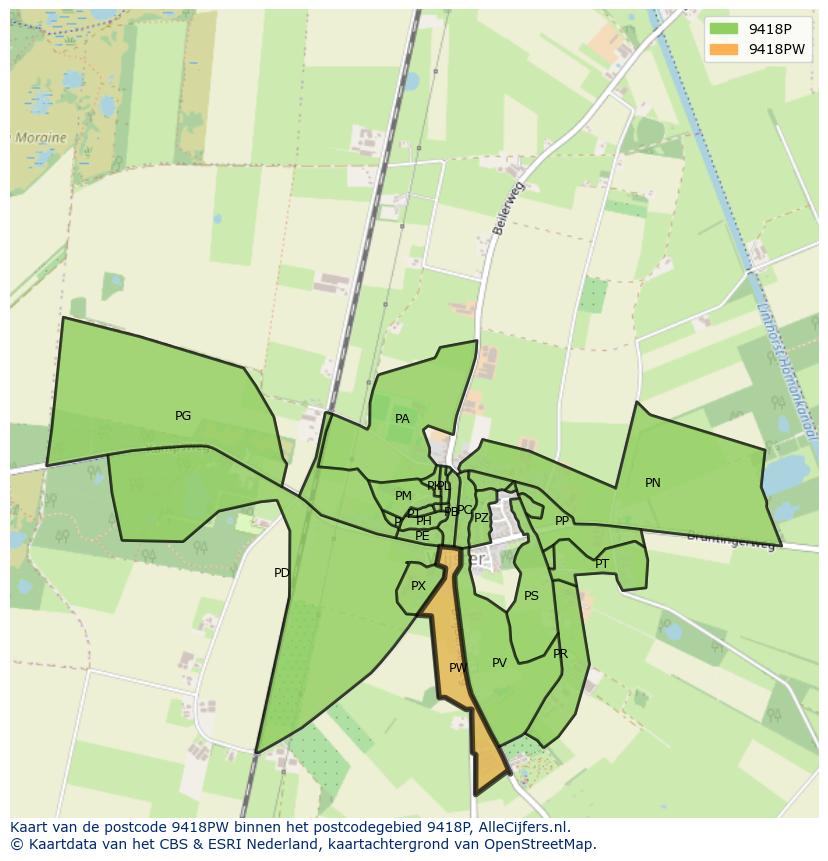 Afbeelding van het postcodegebied 9418 PW op de kaart.