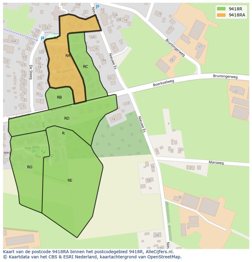 Afbeelding van het postcodegebied 9418 RA op de kaart.