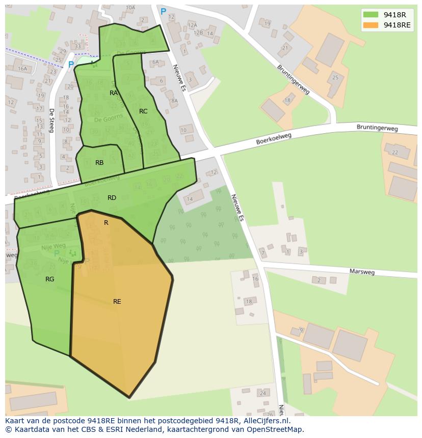 Afbeelding van het postcodegebied 9418 RE op de kaart.