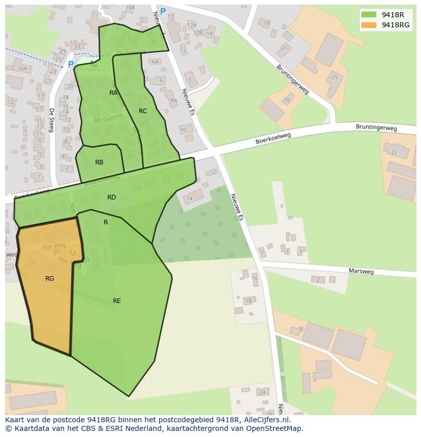 Afbeelding van het postcodegebied 9418 RG op de kaart.
