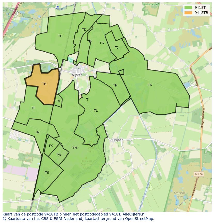 Afbeelding van het postcodegebied 9418 TB op de kaart.