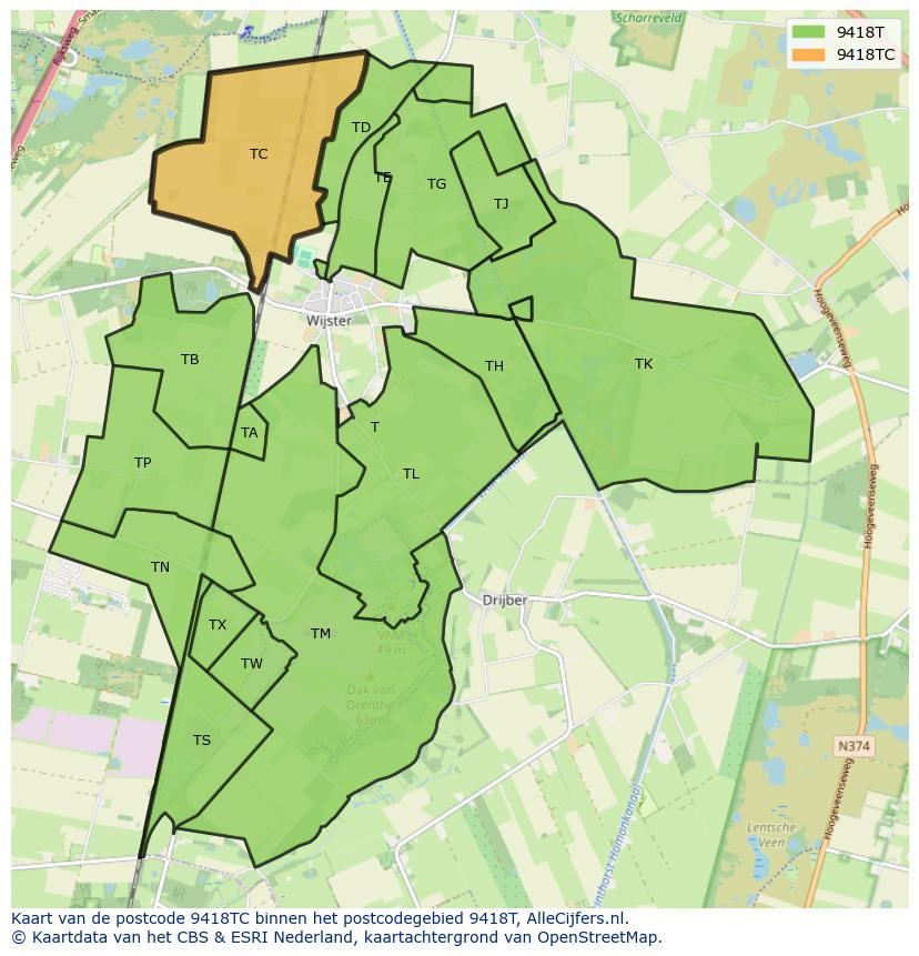 Afbeelding van het postcodegebied 9418 TC op de kaart.