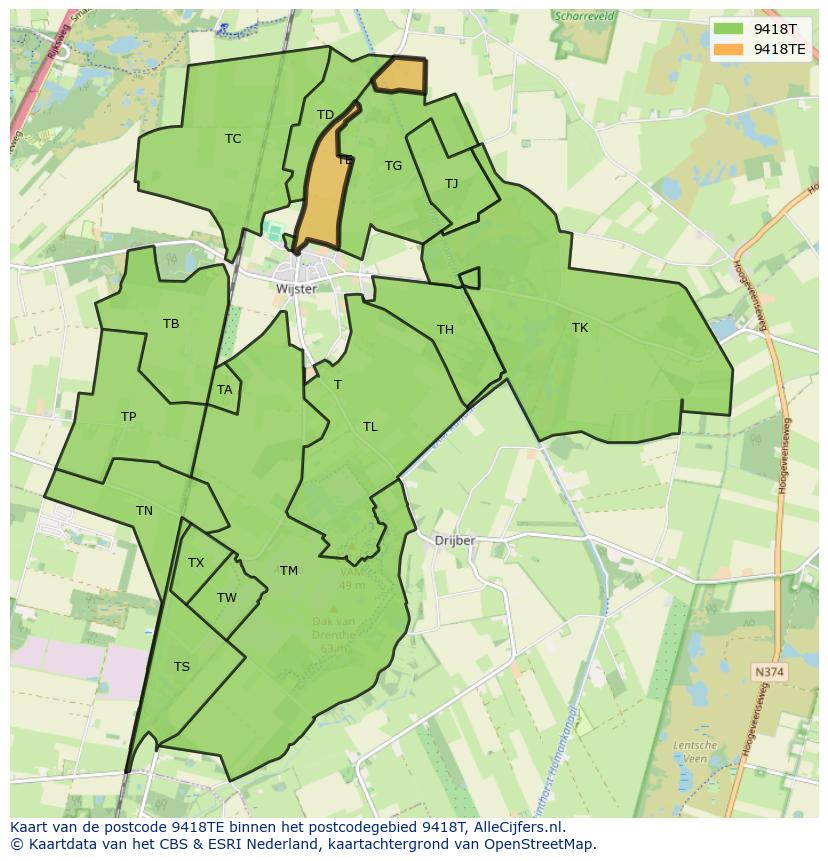 Afbeelding van het postcodegebied 9418 TE op de kaart.
