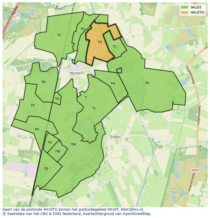 Afbeelding van het postcodegebied 9418 TG op de kaart.