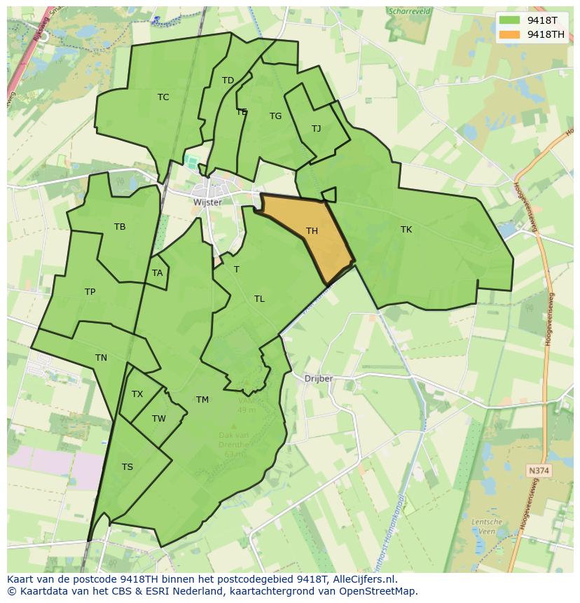 Afbeelding van het postcodegebied 9418 TH op de kaart.