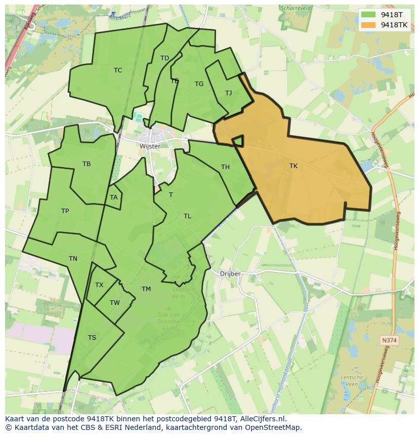 Afbeelding van het postcodegebied 9418 TK op de kaart.