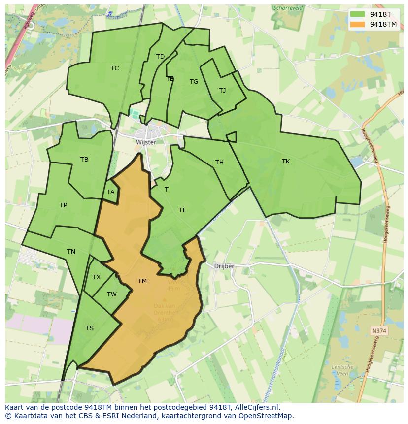 Afbeelding van het postcodegebied 9418 TM op de kaart.