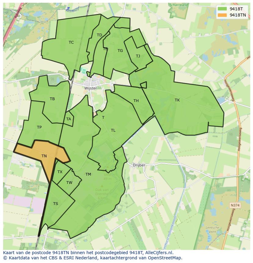 Afbeelding van het postcodegebied 9418 TN op de kaart.